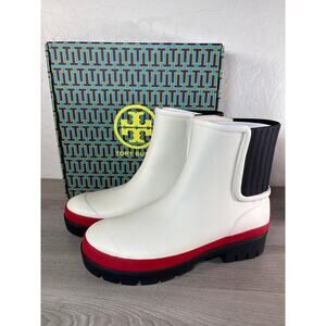Tory Burch Hurricane Rain Boots Perfect Ivory/Black/Red Womens Size 11 - NEW